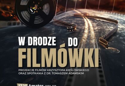 Plakat promujący cykl filmów Krzysztofa Kieślowskiego w Suwalskim Ośrodku Kultury. Filmy: Amator, Krótki film o miłości, Trzy kolory: Niebieski, Podwójne życie Weroniki. Wstęp wolny, październik-grudzień 2024.