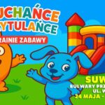 Kolorowy plakat zapowiadający rodzinne wydarzenie z dmuchańcami i festiwalem kolorów