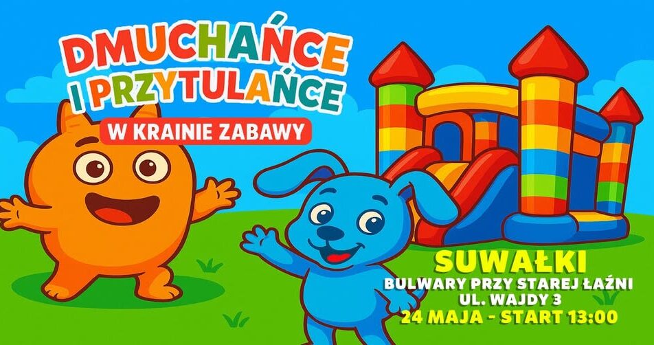 Kolorowy plakat zapowiadający rodzinne wydarzenie z dmuchańcami i festiwalem kolorów