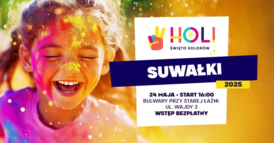 Holi Swieto Kolorow w Suwalkach oficjalna trasa 2025 Kolorowy tlum ludzi podczas wydarzenia Holi Swieto Kolorow