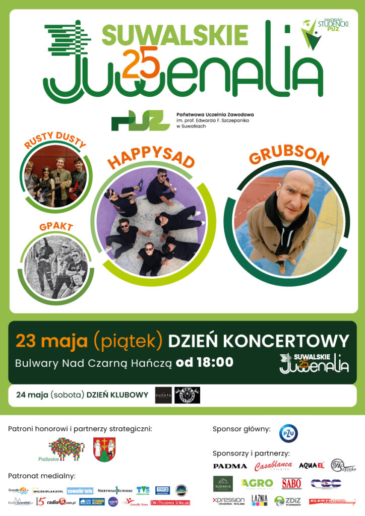 Juwenalia Suwałki 2025 już w tym tygodniu – co warto wiedzieć? Plakat promujący Juwenalia Suwałki 2025 z datą wydarzenia, logotypami partnerów oraz informacją o bezpłatnych koncertach Grubsona, Happysad i innych wykonawców.