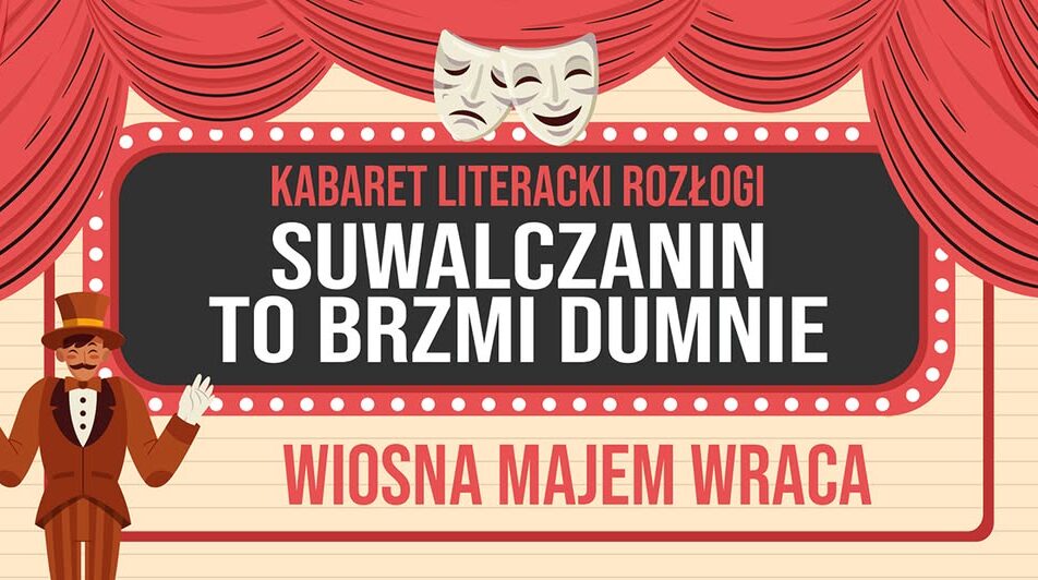 Plakat wydarzenia Kabaret Literacki Rozłogi przedstawiający nazwę cyklu oraz nazwiska występujących artystów