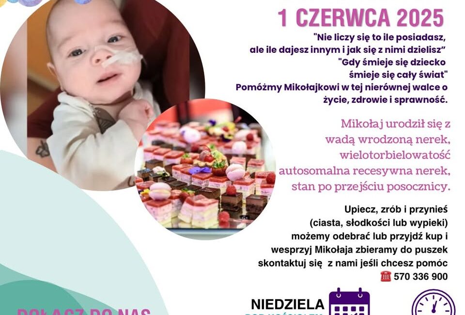 Kiermasz charytatywny słodkości Plakat promujący kiermasz charytatywny z wypiekami w Suwałkach