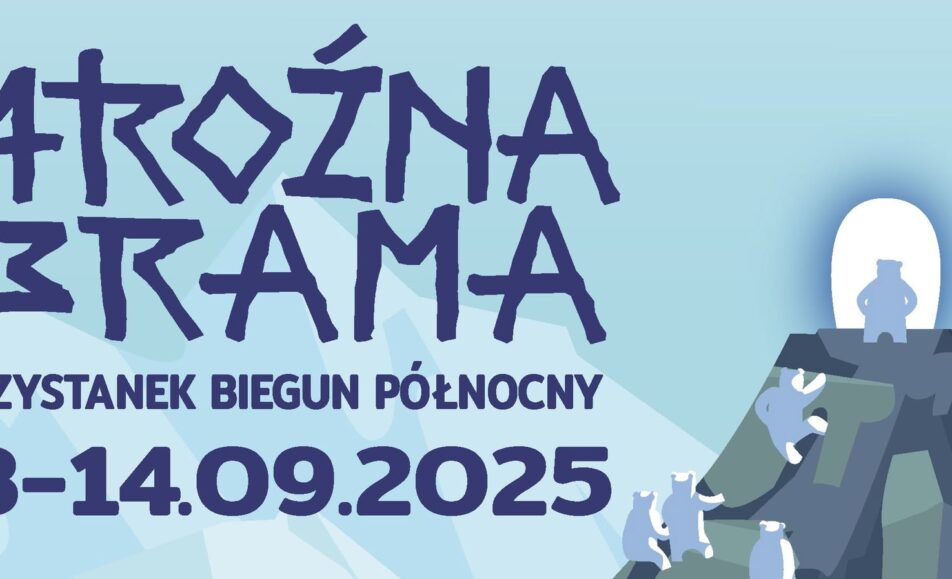 Plakat promujący festiwal fantastyki Mroźna Brama 2025 z ilustracją niedźwiedzia polarnego
