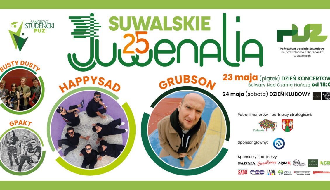 Suwalskie Juwenalia 2025 Plakat wydarzenia z nazwami zespolow Grubson, Happysad, GPakt i Rusty Dusty Rock Band