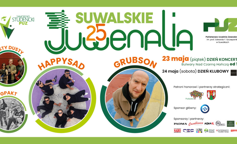 Plakat wydarzenia z nazwami zespolow Grubson, Happysad, GPakt i Rusty Dusty Rock Band