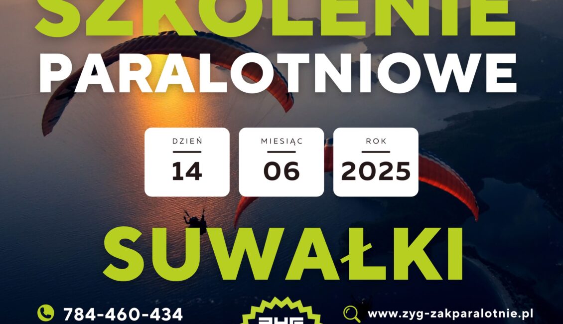 Szkolenie paralotniowe Suwałki czerwiec 2025 Paralotniarz podczas lotu nad malowniczym krajobrazem