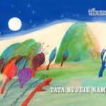 Ilustracja przedstawiająca rodzinę budującą namiot, nawiązująca do opowieści Tata buduje namiot.