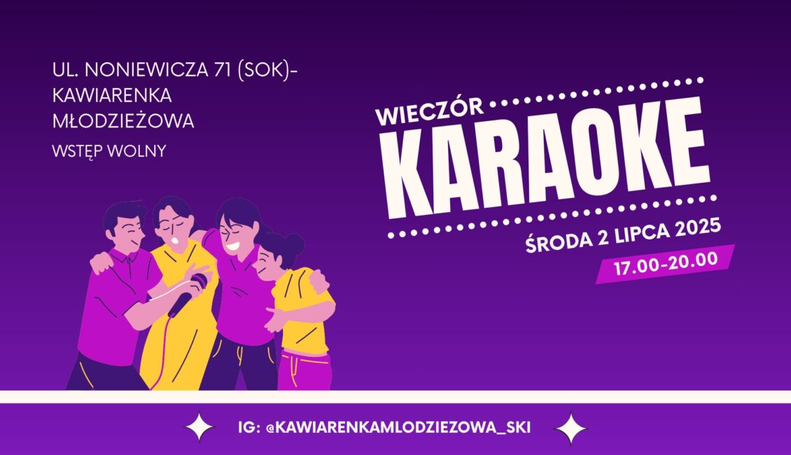 Karaoke w Kawiarence Młodzieżowej Mikrofon na tle rozświetlonej sceny karaoke