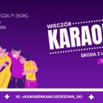 Mikrofon na tle rozświetlonej sceny karaoke