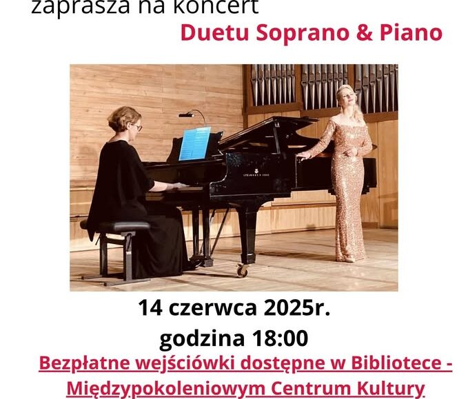 Plakat koncertu duetu Soprano & Piano z informacjami o wydarzeniu