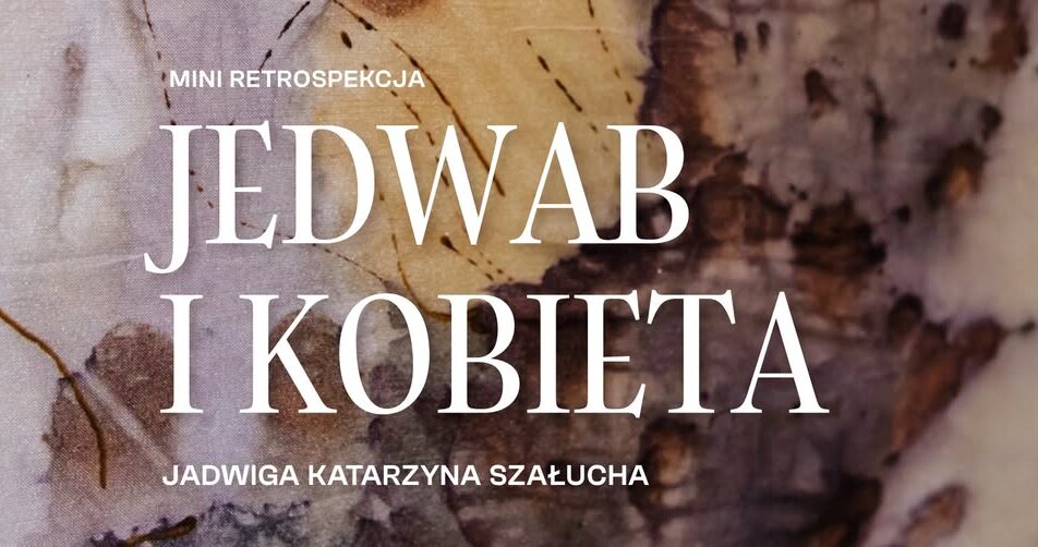 Plakat wystawy z portretem kobiety i motywami kwiatowymi na jedwabiu