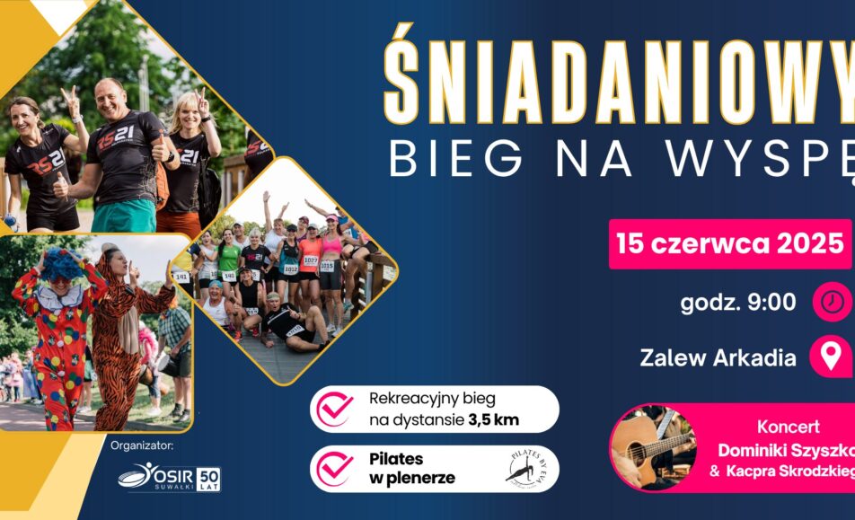 Plakat promujacy Sniadaniowy Bieg na Wyspe informujacy o biegu, sniadaniu i innych atrakcjach