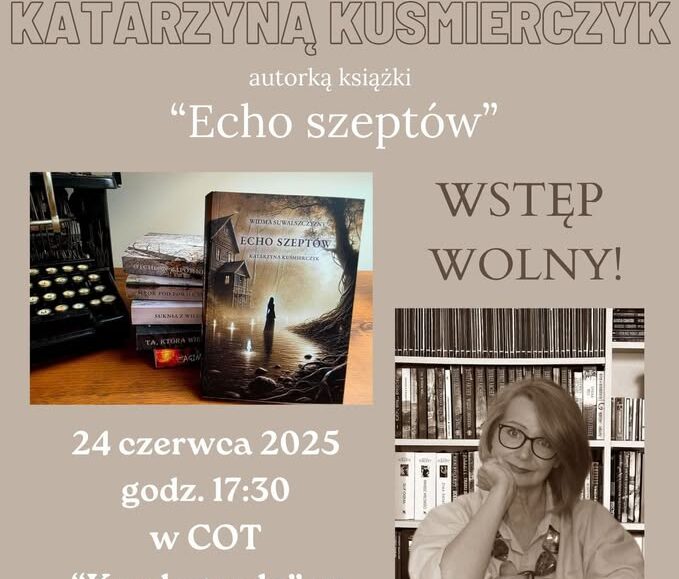 Portret Katarzyny Kuśmierczyk na tle okładki książki Echo szeptów