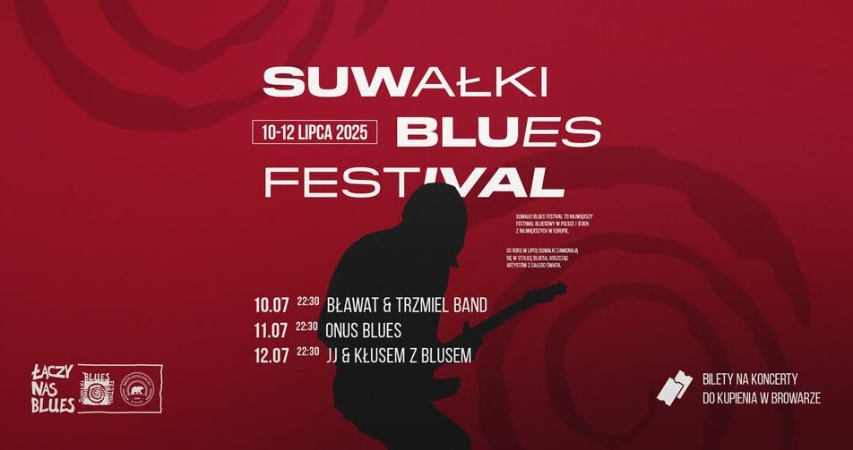 Plakat Suwałki Blues Festival 2025 z informacją o koncertach i wykonawcach
