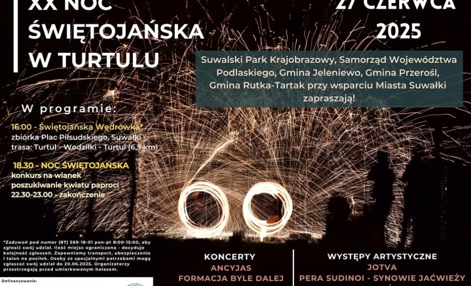 Plakat promujacy XX Noc Swietojanska w Turtulu 2025 z programem wydarzenia