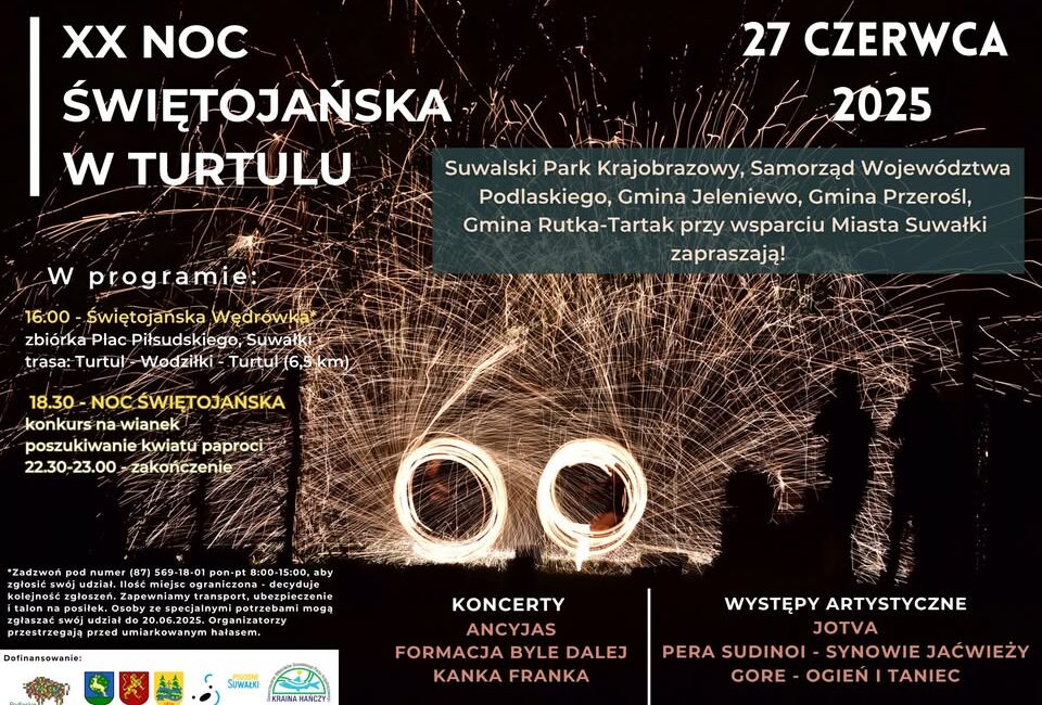 Plakat promujacy XX Noc Swietojanska w Turtulu 2025 z programem wydarzenia