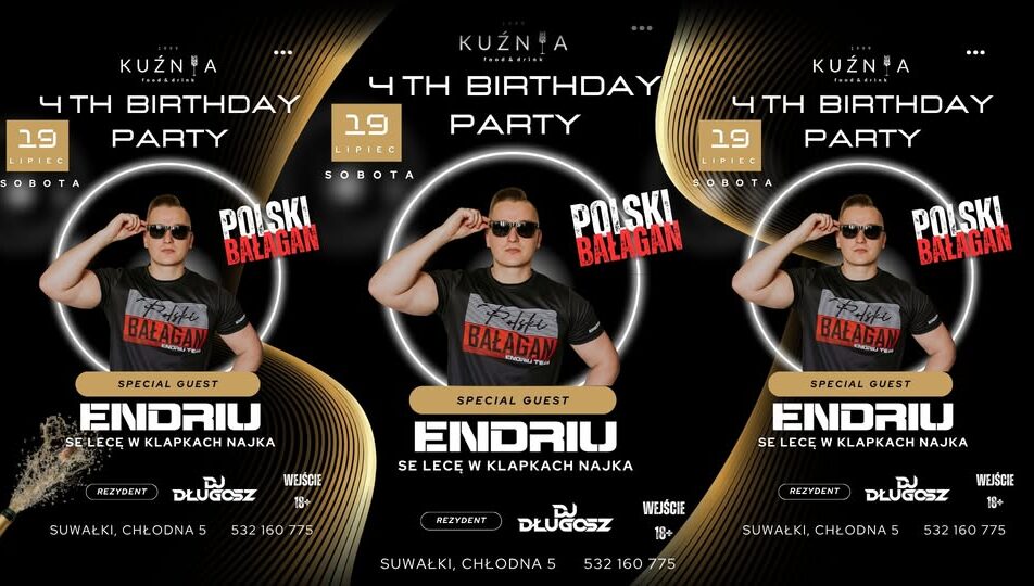 DJ Endriu na plakacie imprezy urodzinowej Kuźnia Food&Drink