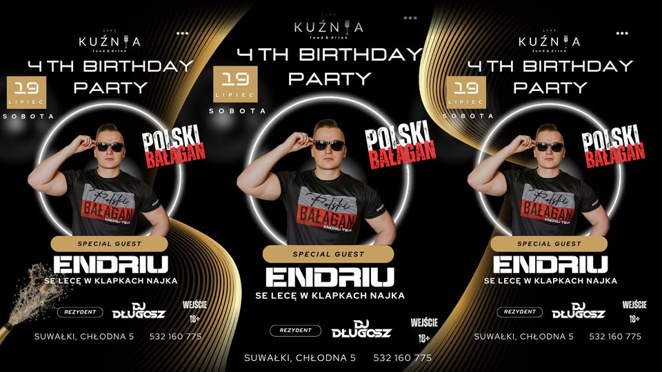 DJ Endriu na plakacie imprezy urodzinowej Kuźnia Food&Drink