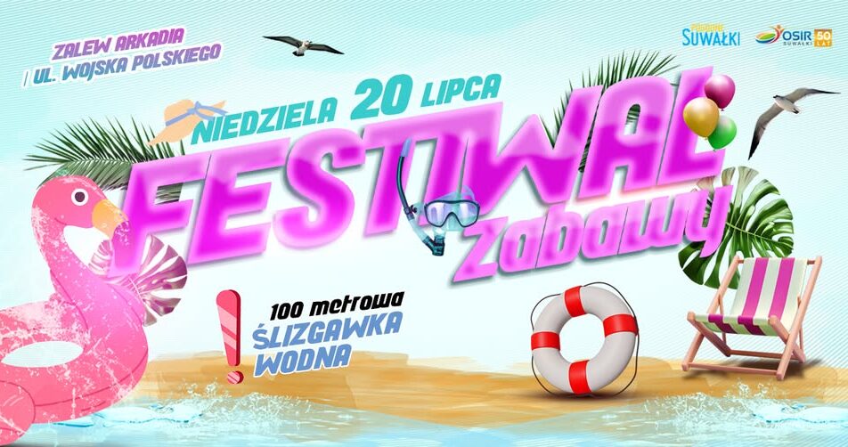 Kolorowy plakat promujący Festiwal Zabawy z wymienionymi atrakcjami wydarzenia