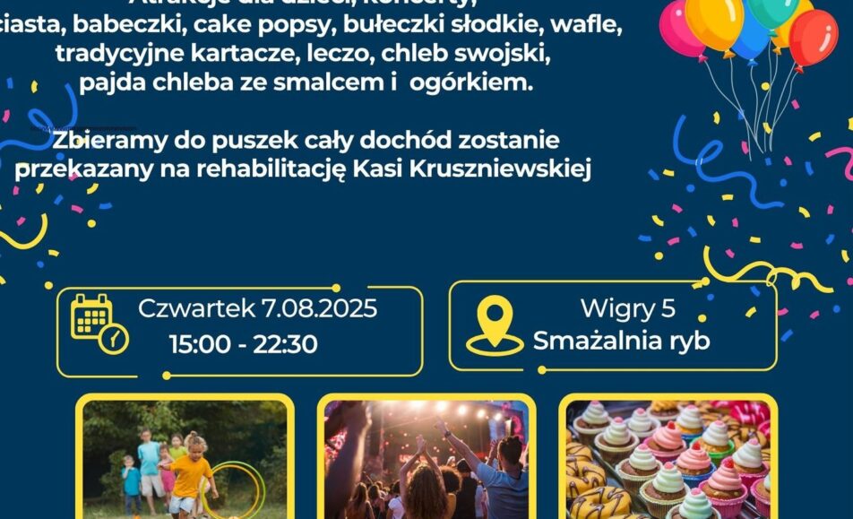 Plakat wydarzenia kiermaszu charytatywnego dla Kasi Kruszniewskiej z informacjami o atrakcjach i artystach
