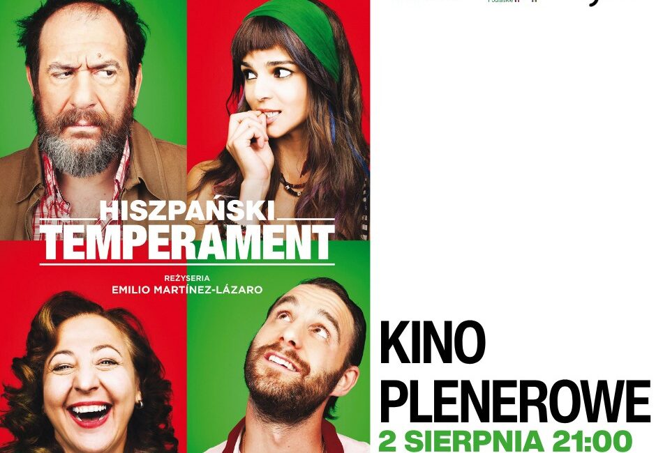 Plakat wydarzenia Kino plenerowe w Zielonym Kamedulskim z informacjami o filmie Hiszpański Temperament