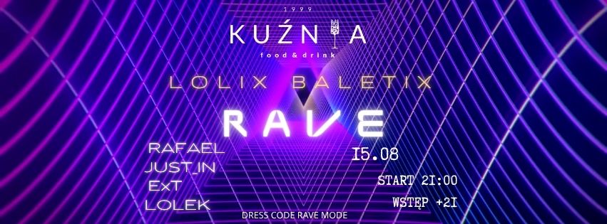 Plakat wydarzenia LOLIX BALETIX RAVE z nazwami DJ-ów i datą imprezy