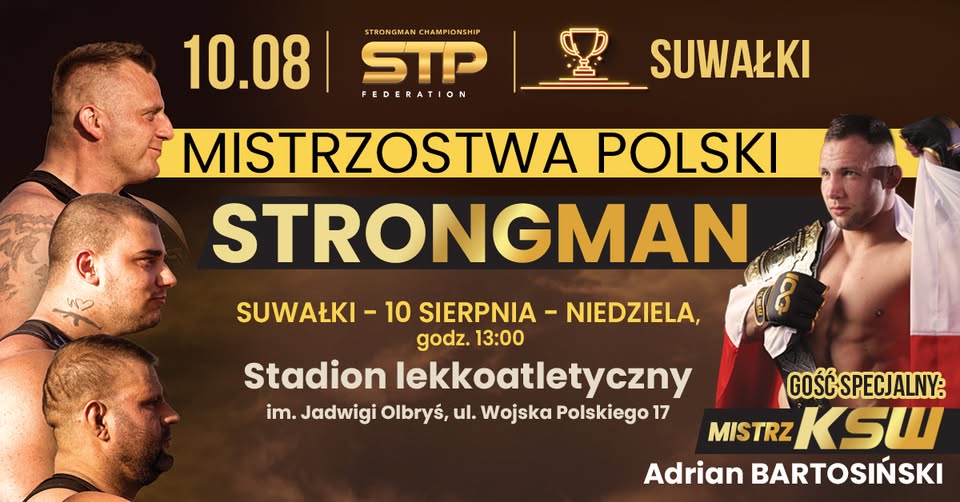 Mistrzostwa Polski Strongman - Dni Suwałk 2025 Zawodnik strongman podnoszący ciężar na stadionie podczas zawodów