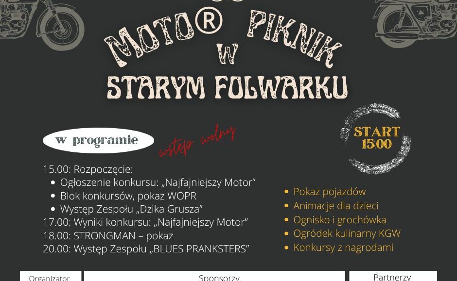 Plakat informacyjny Moto Pikniku przedstawiający program wydarzenia