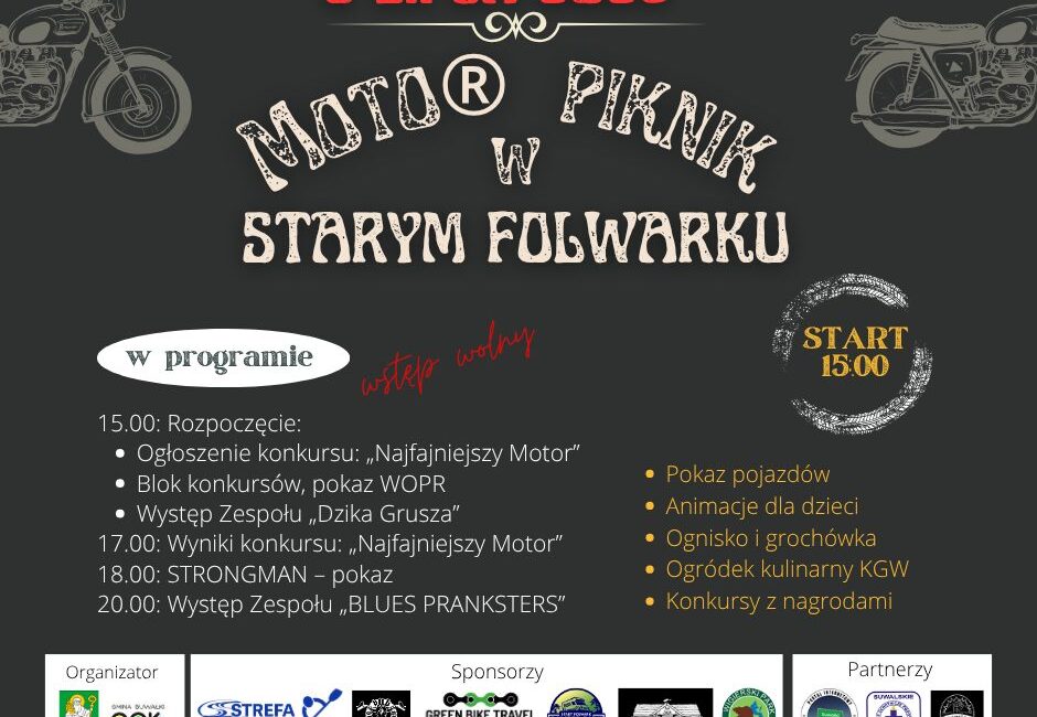 Plakat informacyjny Moto Pikniku przedstawiający program wydarzenia