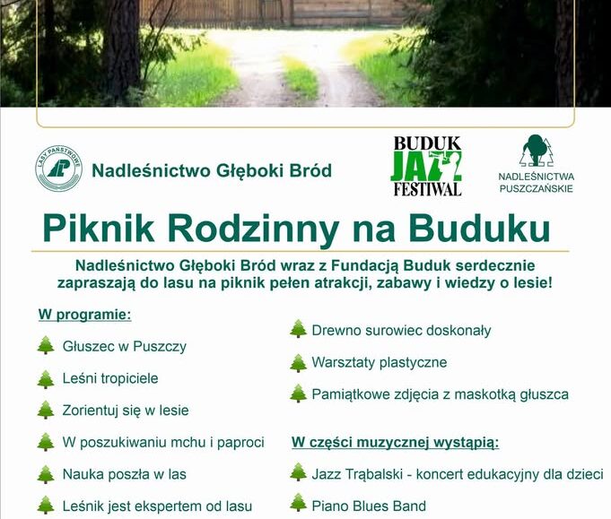 Plakat pikniku rodzinnego na Buduku z informacją o atrakcjach edukacyjnych