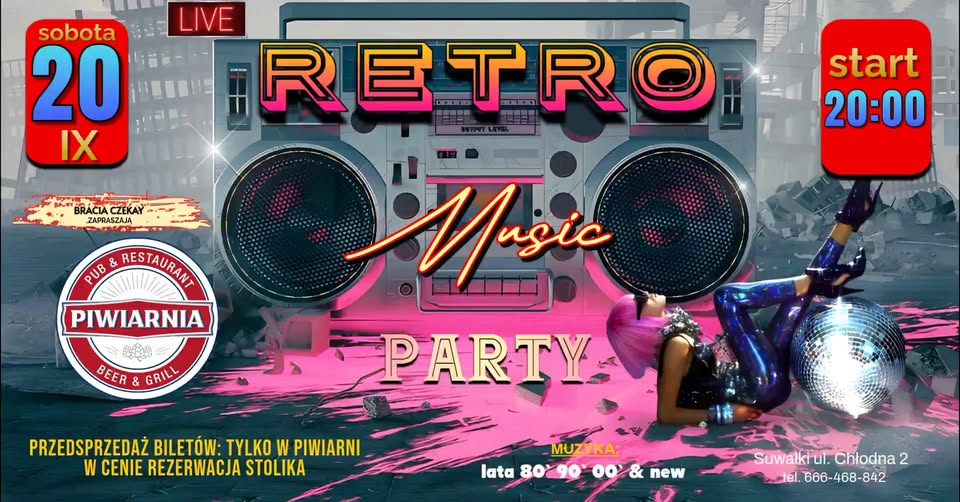 Plakat imprezy Retro Party z braciami Czekay w stylu lat 80, 90, 00 i nowości
