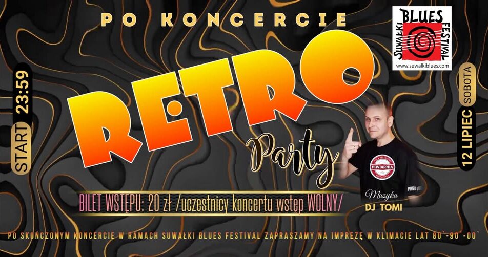 Plakat Retro Party z DJ Tomi, z datą i miejscem wydarzenia