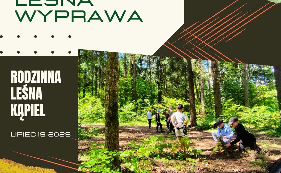 Dzieci z opiekunami spacerujacy po lesie w ramach warsztatow lesnych kapieli