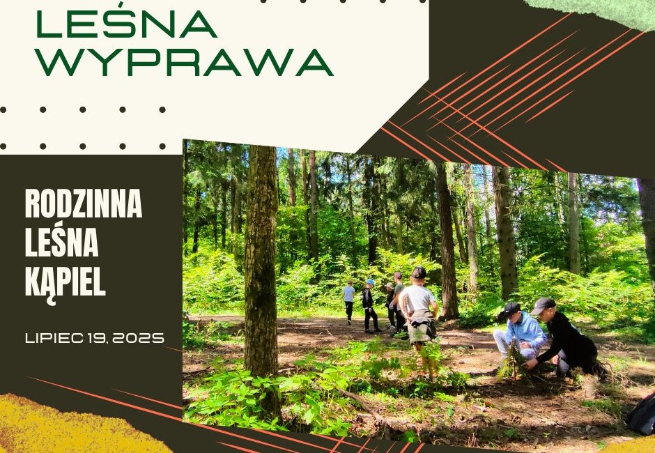 Rodzinna Lesna Kapiel Wakacyjna Wyprawa Dzieci z opiekunami spacerujacy po lesie w ramach warsztatow lesnych kapieli