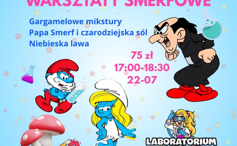plakat warsztatów dla dzieci inspirowanych Smerfami