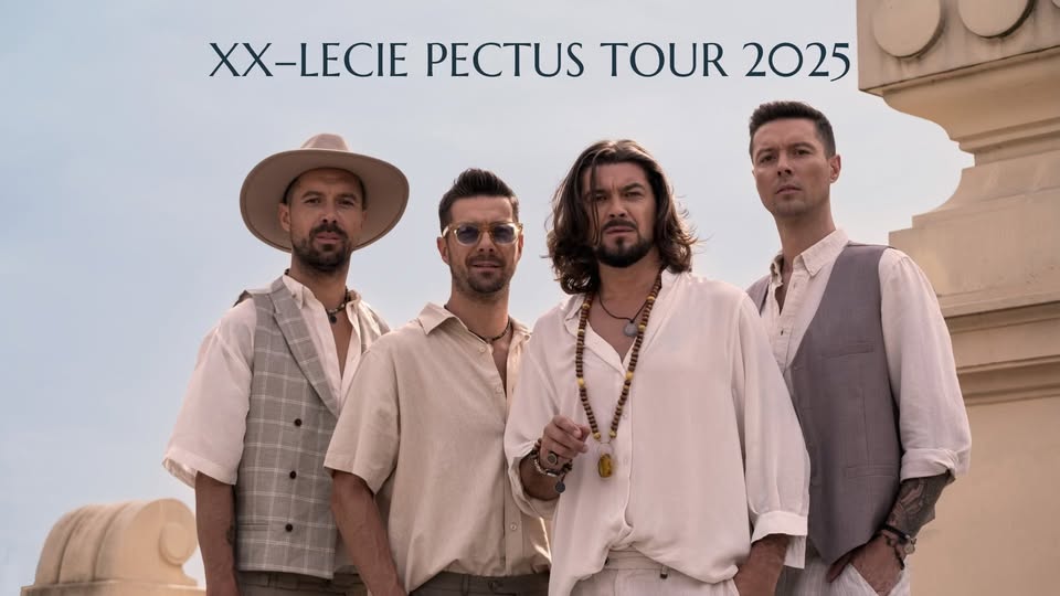 XX-lecie Pectus w Suwałkach Czterej członkowie zespołu Pectus na plakacie promującym trasę koncertową