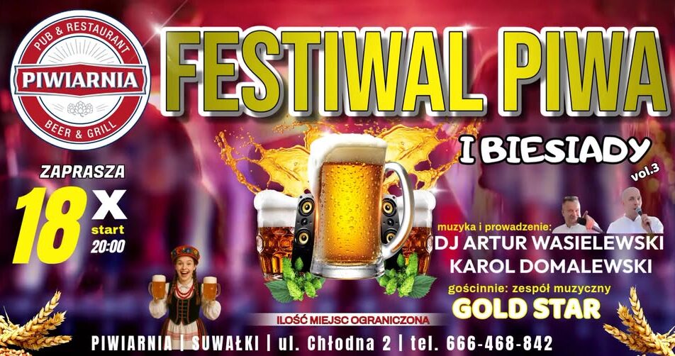 Plakat promujący Festiwal Piwa i Biesiady vol. 3 z informacją o muzyce, jedzeniu i piwie bez limitu