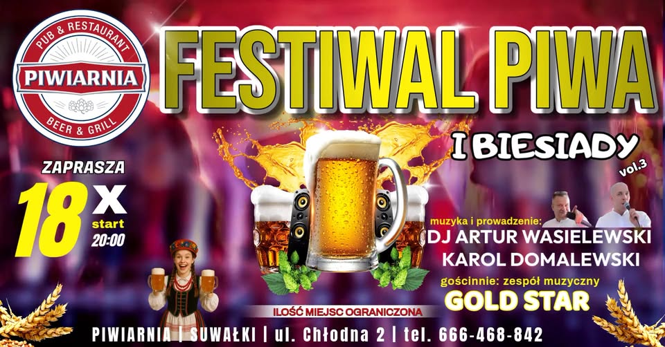 Plakat promujący Festiwal Piwa i Biesiady vol. 3 z informacją o muzyce, jedzeniu i piwie bez limitu