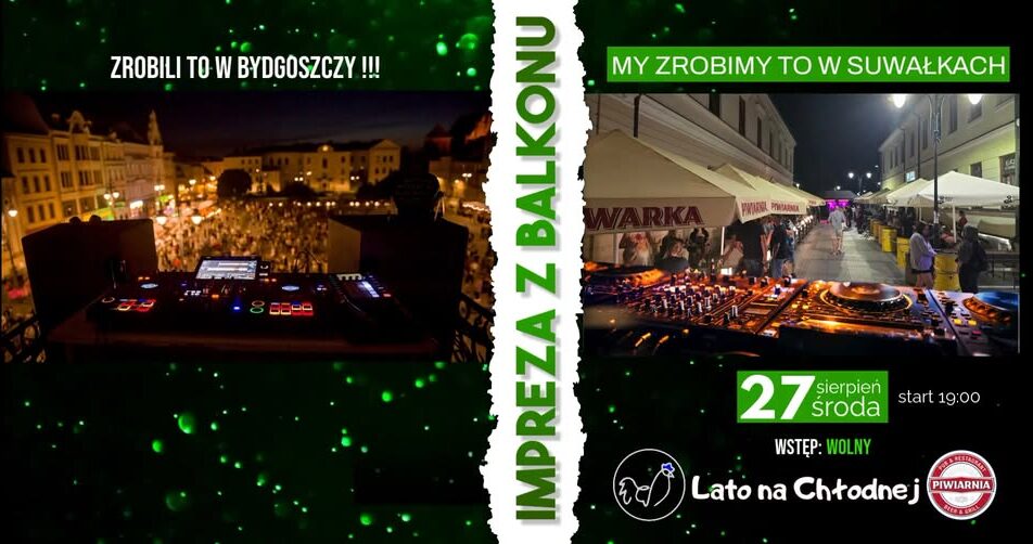 DJ Tomi grający z balkonu podczas imprezy na Chłodnej w Suwałkach
