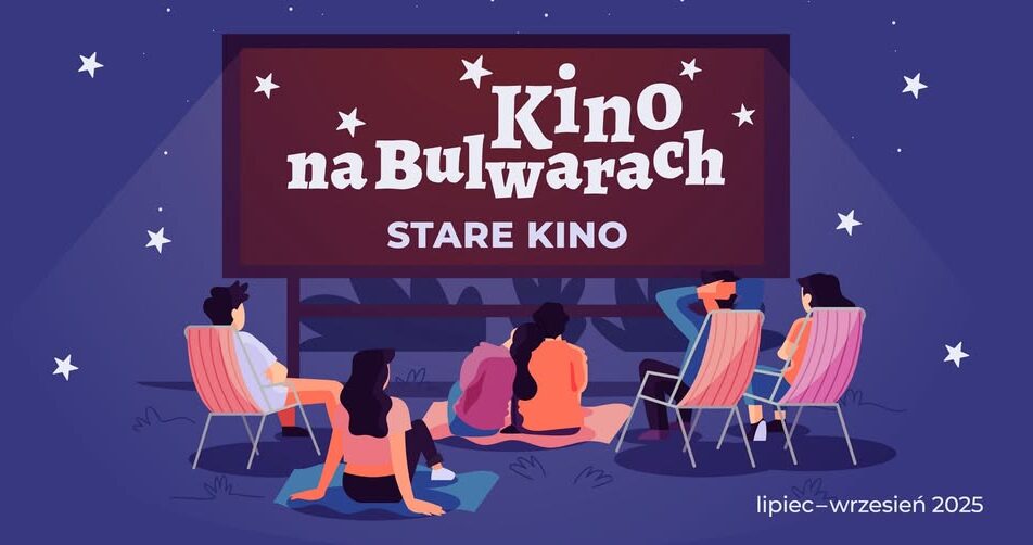 Plakat z informacją o plenerowym pokazie filmu Mary Poppins na bulwarach w Suwałkach