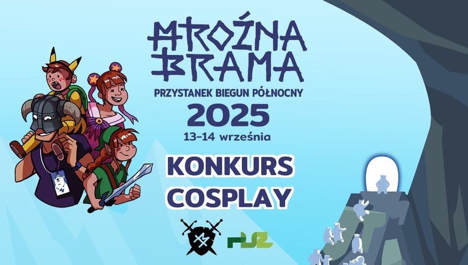 Postacie cosplay reprezentujące różne uniwersa na tle logotypu Mroźnej Bramy