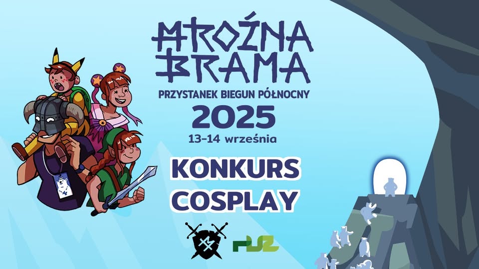 Postacie cosplay reprezentujące różne uniwersa na tle logotypu Mroźnej Bramy