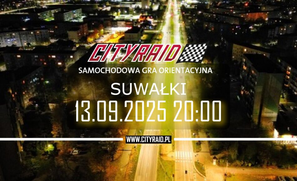 Plakat wydarzenia CityRaid Suwałki 2025 z informacjami o grze i nagrodach