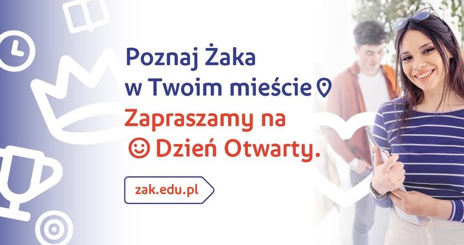 Plakat Dnia Otwartego w Szkole Żak w Suwałkach z informacjami o programie