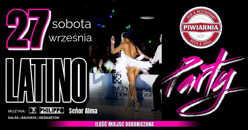 Plakat imprezy Latino Party w Piwiarni Suwałki z datą 27 września 2025