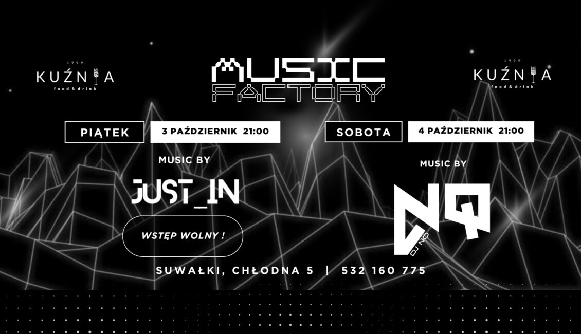 plakat wydarzenia Music Factory z datą i nazwiskami DJ-ów