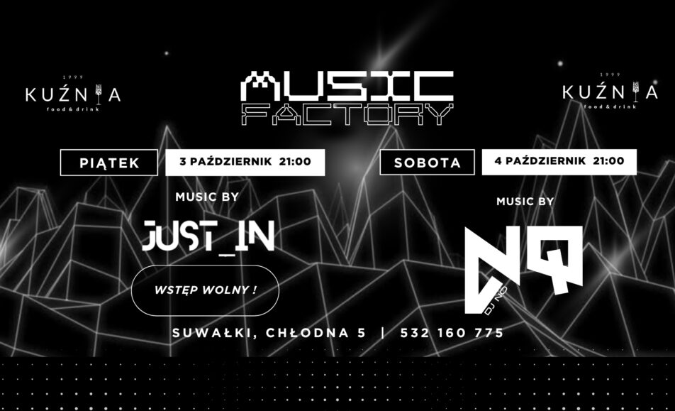 plakat wydarzenia Music Factory z datą i nazwiskami DJ-ów