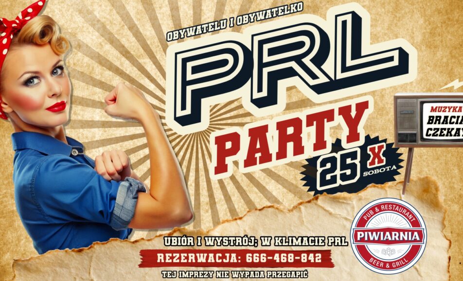 Plakat wydarzenia PRL Party z elementami stylu retro i informacjami o imprezie