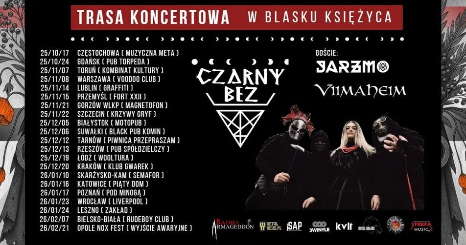 Plakat koncertu zespołów Czarny Bez, Jarzmo i Viimaheim w Suwałkach